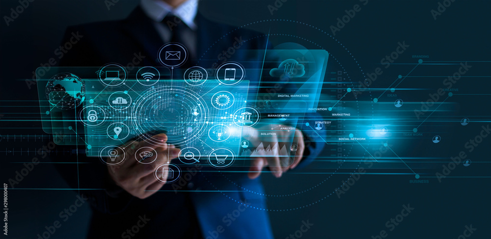 Aufkleber digital marketing. businessman using modern interface payments online shopping and icon customer net