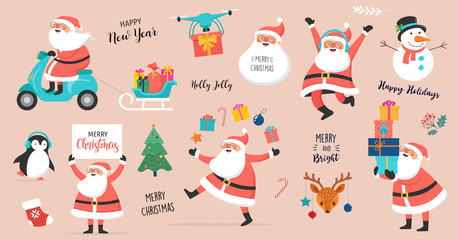 Collection of happy Santa Clauses, dancing, jumping, holding sign, driving on scooter