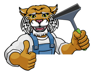 A wildcat cartoon mascot car or window cleaner holding a squeegee tool peeking round a sign and giving a thumbs up