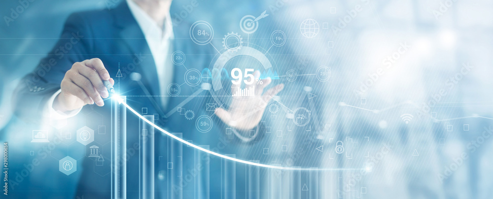 Poster businessman with pen pointing arrow graph corporate and analyzing sales data growth plan and strateg