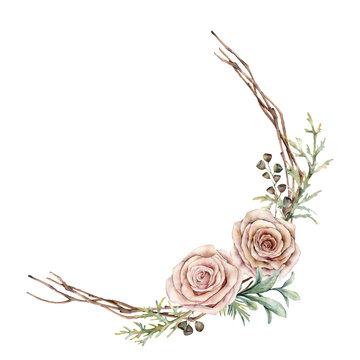 Watercolor pink roses and leaves wreath. Hand painted floral vintage flowers, seeds, juniper and lambs ears leaves isolated on white background. Botanical illustration for design, print or background.