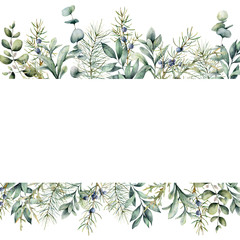 Watercolor Christmas plants banner. Hand painted juniper, snowberry, fir and eucalyptus branch isolated on white background. Floral illustration for design, print, fabric or background.
