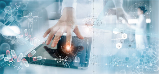 Medicine doctor analysis electronic medical record on interface display. DNA. Digital healthcare...