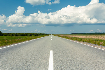 An empty country road through the green fields on a sunny summer day. Forest in the background. Blue sky with white storm clouds. Russia. Horizon in the middle of the frame