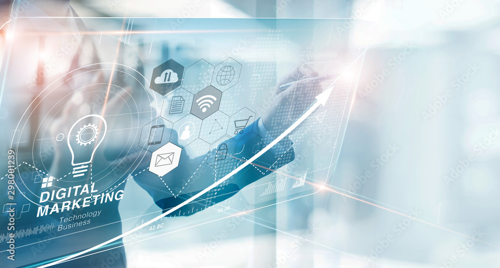 Fototapete Businessman draw graph growth of business and analyzing data with icon customer network connection on modern virtual interface, digital marketing and technology.