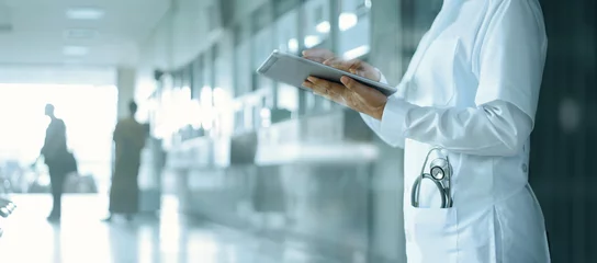 Fotobehang Healthcare and medicine. Medical and technology. Doctor working on digital tablet on hospital background © ipopba