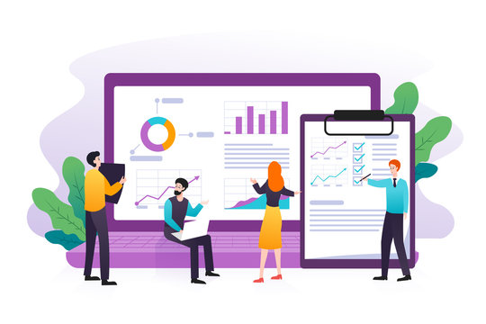 Modern flat concept of data analysis, Seo analysis, big data research and website analytics with business people illustration