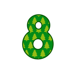Logotipo número 8 con patrón de árboles de navidad en color verde