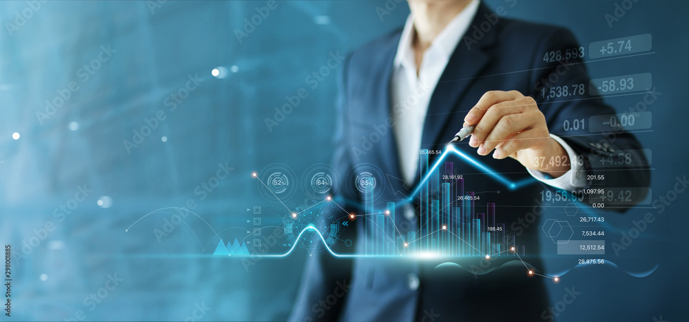 Aufkleber businessman draw growth graph and progress of business and analyzing financial and investment data ,