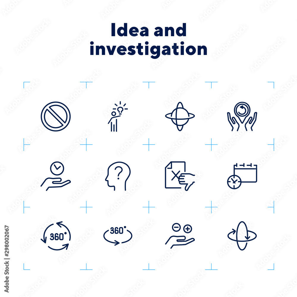 Poster idea and investigation icons. set of line icons on white background. idea, human, study. science and