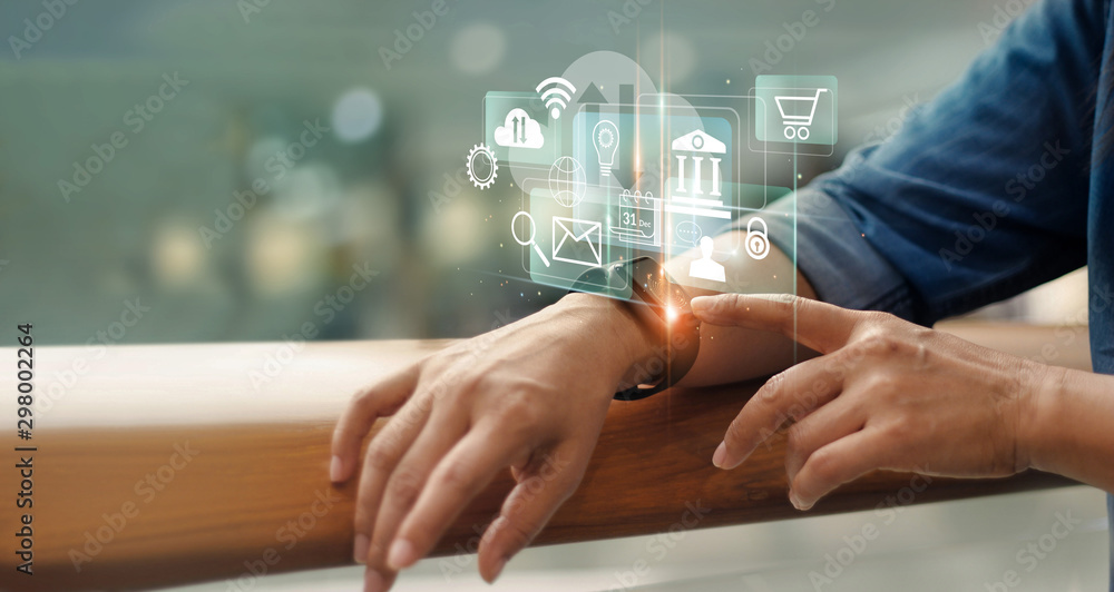 Aufkleber man touching smartwatch on virtual interface for business and lifestyle, digital life and technology