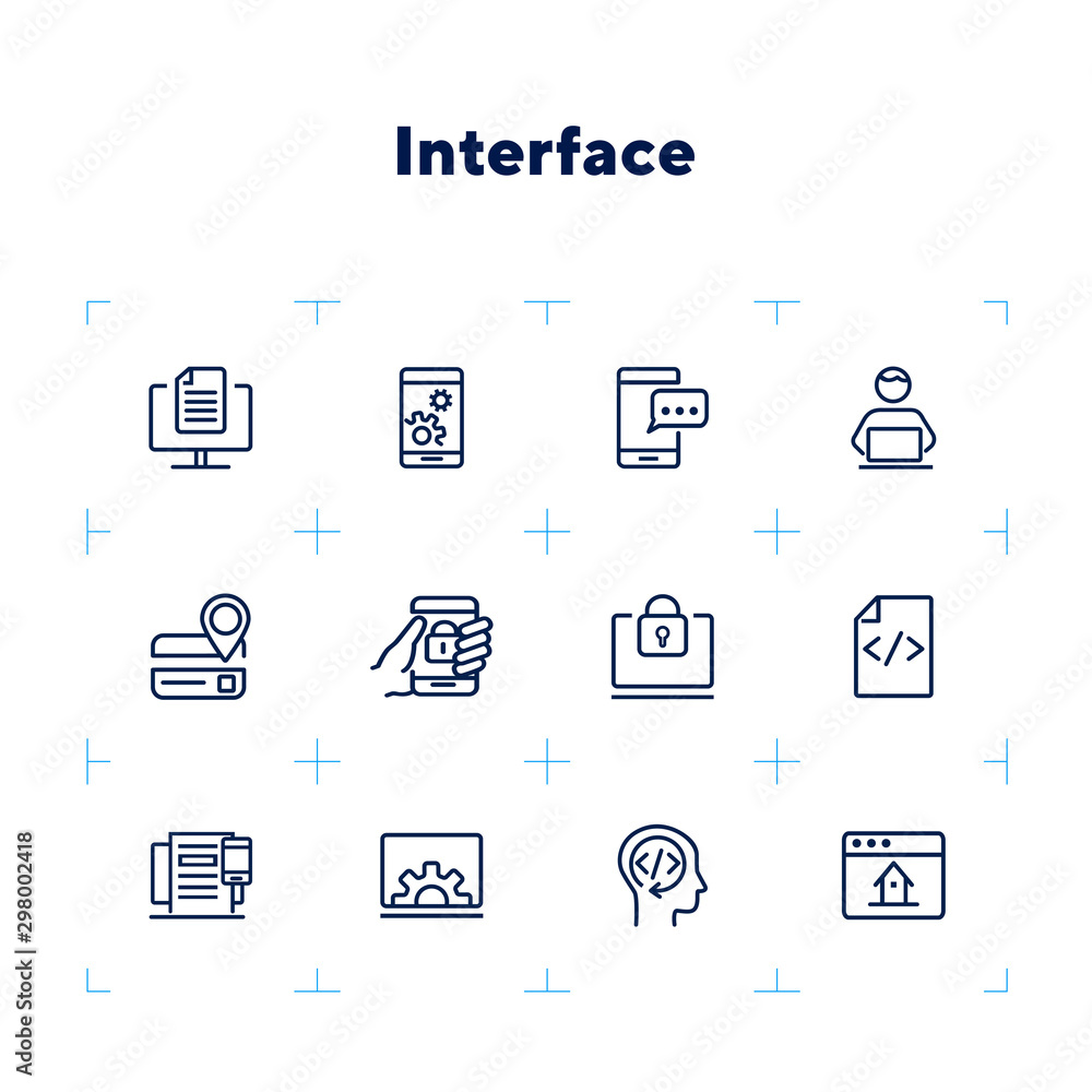 Poster interface line icon set. home page, locked smartphone, messenger. communication concept. can be used