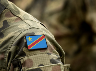 Flag of Democratic Republic of the Congo on military uniform. Army, troops, soldiers, Africa,(collage).