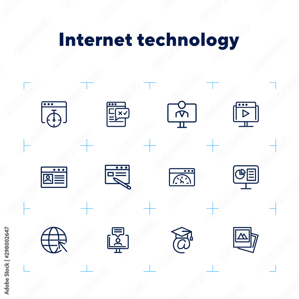 Poster internet technology line icon set. browser window, computer, app. information technology concept. ca