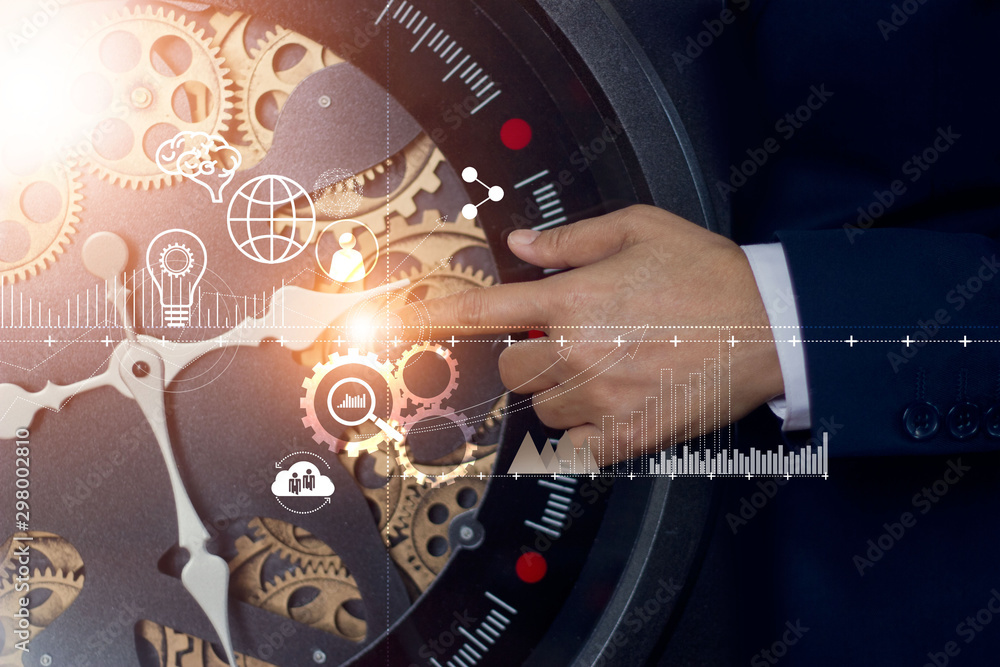 Poster abstract symbol, businessman touching cog watch of innovation and technologies in futuristic. time o