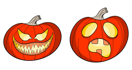 Cartoon style illustration of jack o lanterns with different facial expressions
