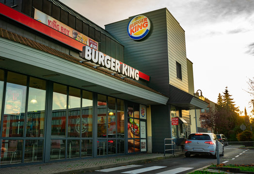 Nuremberg, Germany - October, 2019: View of drive in of fast food store Burger King