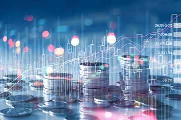 Financial stock market graph and rows of coins growth, abstract and symbol for finance concept,...