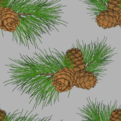 Cedar branch with cones seamless pattern. Illustration in engraving technique. Isolated.