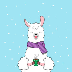 Cute cartoon llama wearing knitted scarf holding a cup of coffee. Hand drawn illustration