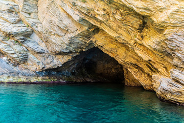 Entrance to caves Greece island of Zakynthos.