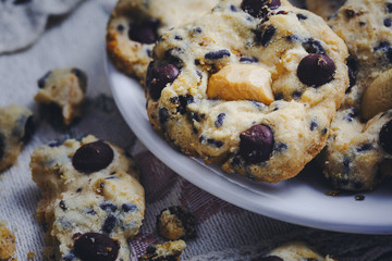 Close up bake chocolate chip cookie with cashews.dessert american