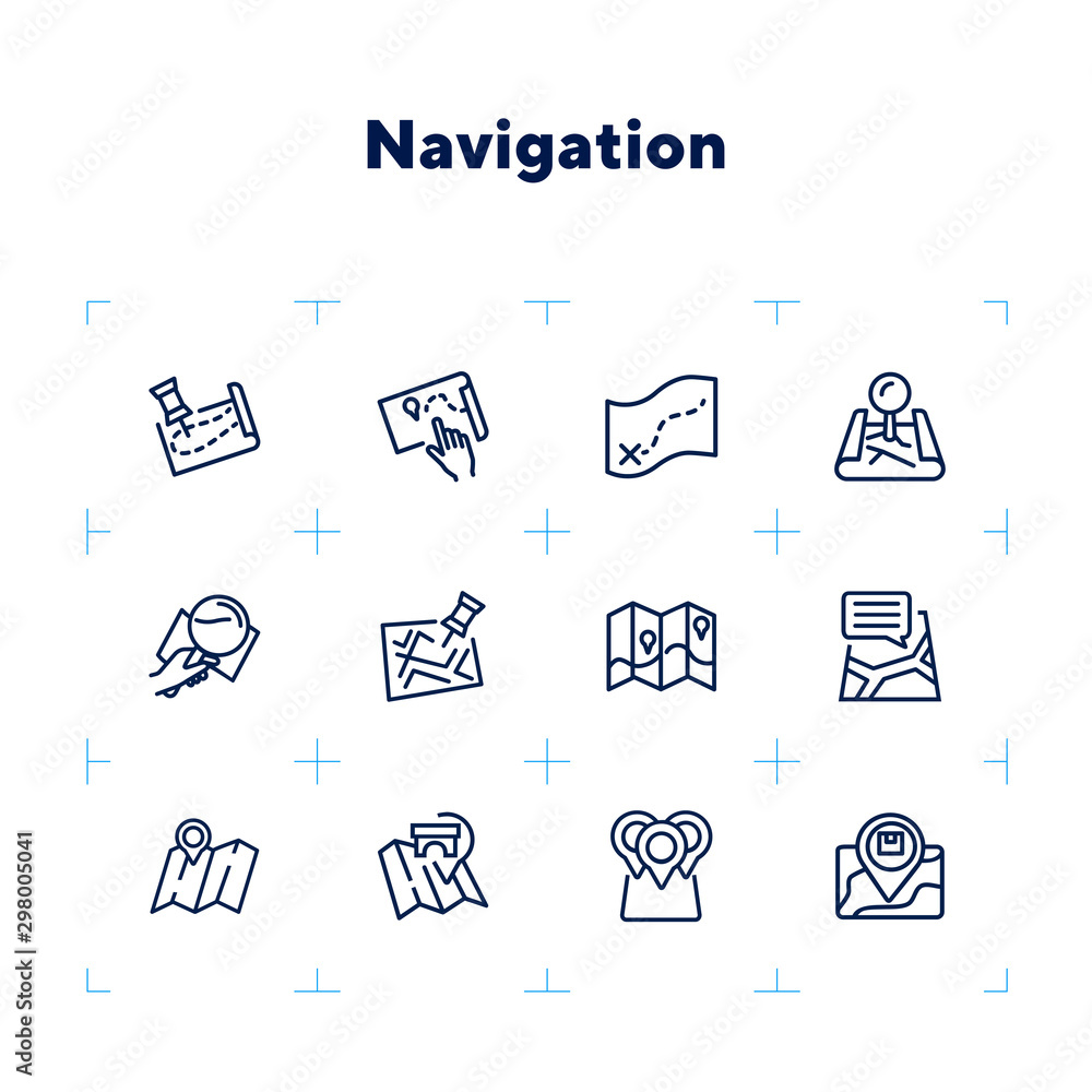 Poster navigation icon. set of line icons on white background. map, route, location. guide concept. vector 