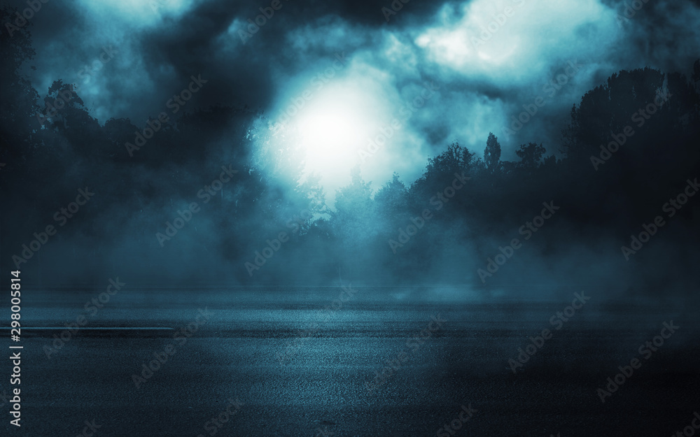 Poster Empty dark background. Moonlight through the trees in the forest. Night view. Moonlight reflection on the pavement. Smoke, fog
