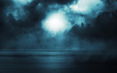 Empty dark background. Moonlight through the trees in the forest. Night view. Moonlight reflection on the pavement. Smoke, fog