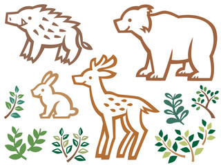 森のレストラン 動物達と料理の切り絵風イラストセット 可愛い 線画 Wall Mural Nora Hachio