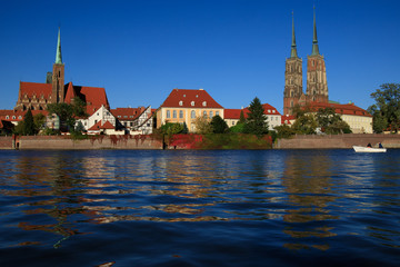 Wroclaw at Odra river with cathedral on the background.