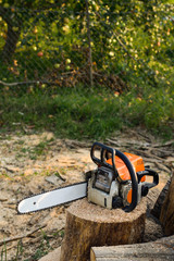 Naklejka premium Chainsaw that stands on a heap of firewood in the yard on a beautiful background of green grass and forest.