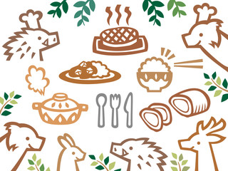 森のレストラン 動物達と料理の切り絵風イラストセット エキゾチック 線画 Wall Mural Nora Hachio