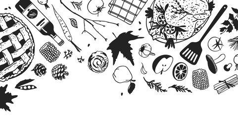 Hand drawn autumn holidays illustration. Creative ink art work. Actual vector black and white drawing. Thanksgiving Day set: food, drinks, things