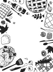 Hand drawn autumn holidays illustration. Creative ink art work. Actual vector black and white drawing. Thanksgiving Day set: food, drinks, things