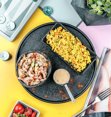 chicken shrimp and rice top view