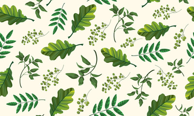 Beautiful pattern seamless of green leaves. Hand drawn style fresh rustic eco. Vector decorative cute elegant illustration isolated white background