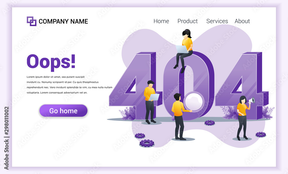 Poster 404 error page not found concept with people working on laptops searching and trying to fix errors. 