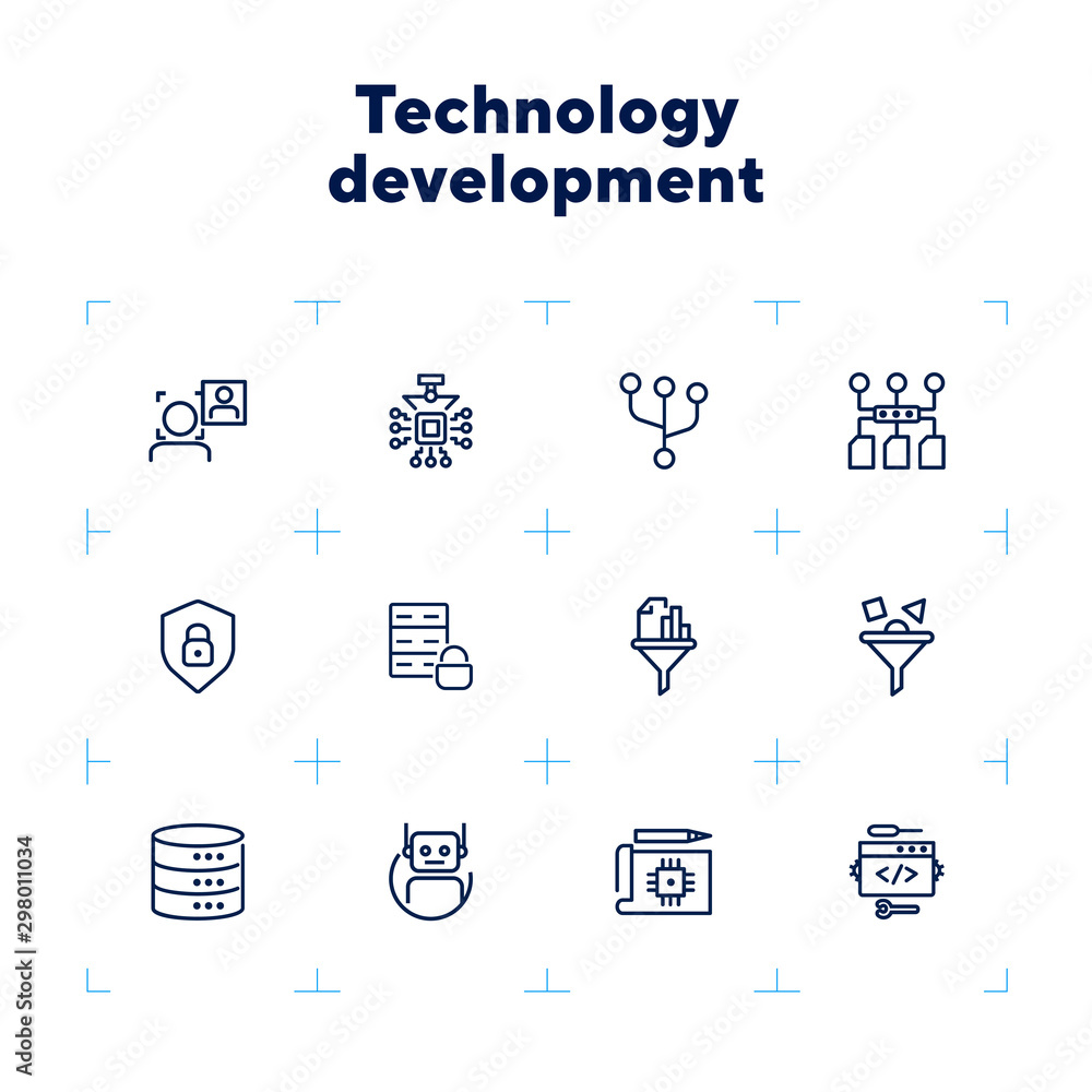 Poster technology development line icon set. computer service, bot, database. it concept. can be used for t