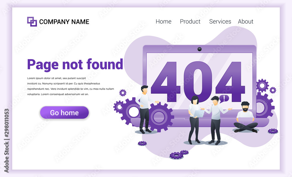 Poster page not found error 404 concept with people working on laptops searching and trying to fix errors. 