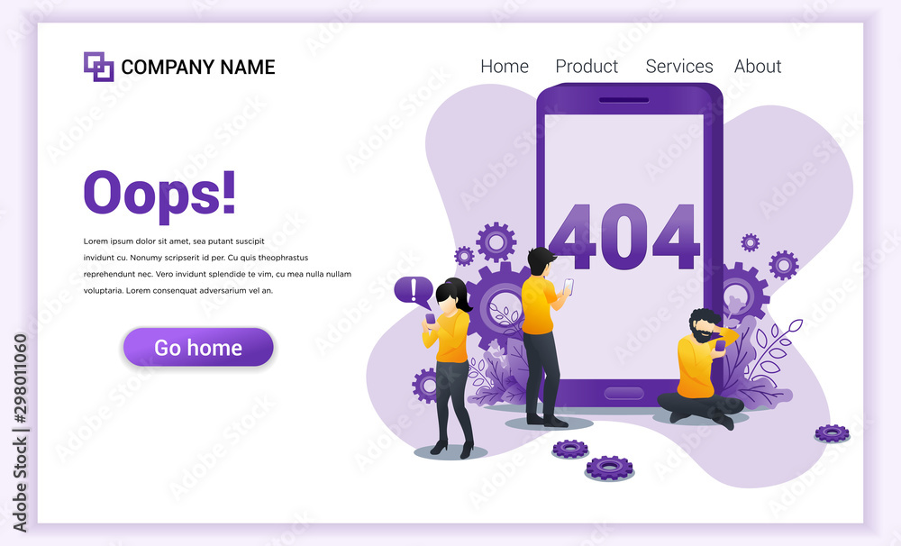 Poster 404 error page not found concept with people having problems with website on mobile phone. can use f