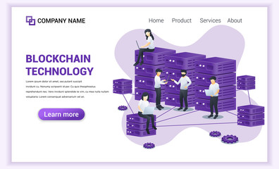 Block chain technology concept with people working on laptop and server. Mining Industry Cryptocurrency. Can used for Web banner, landing page, web template. Modern flat vector illustration