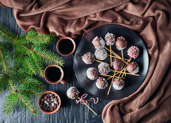cake pops on a plate with fir limbs on a table