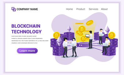 Block chain technology concept with people working on laptop. Mining Industry Cryptocurrency. Can used for Web banner, landing page, web template. Modern flat vector illustration