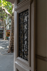 Door in old house. Opened door with ornate antique grating on door window. Blurry background with city street. Beige painted door panel. Architecture details of Paris door of old building in France. 