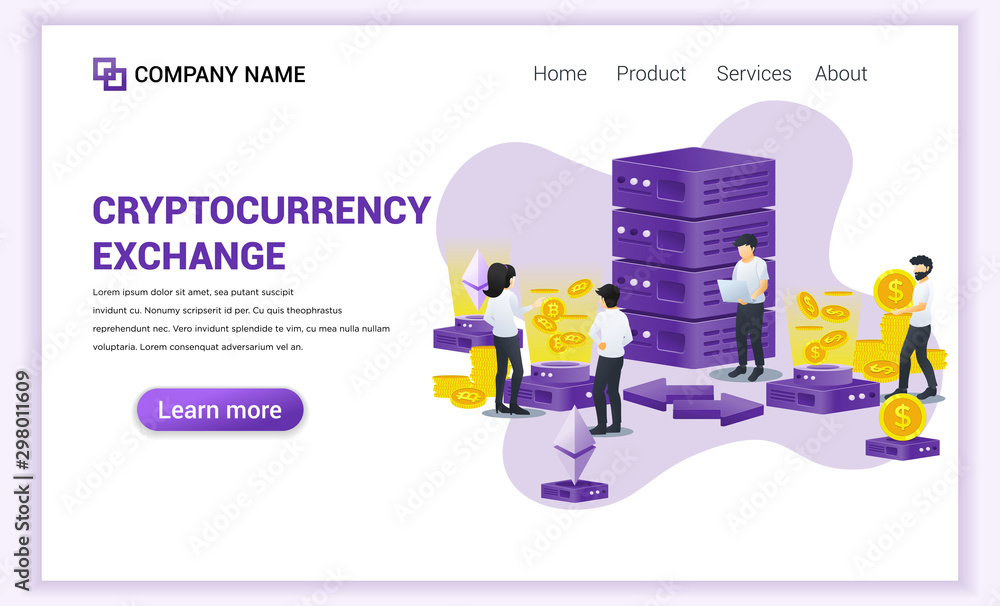 Poster cryptocurrency exchange concept with people working on laptop and giant server for exchange of bitco