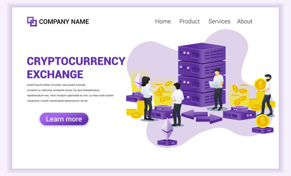 Cryptocurrency Exchange concept with people working on laptop and giant server for exchange of Bitcoin and digital currencies. Can used for Web banner, landing page, web. Flat vector illustration