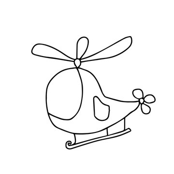 Vector Doodle childish helicopter hand drawn on an isolated white background. Sketch black line icon. Design for cards, coloring, textiles, packaging paper, stickers, web and mobile.