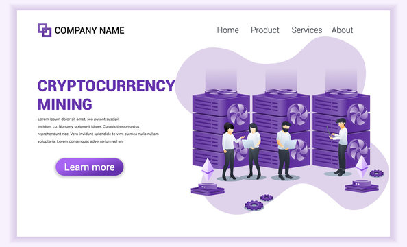 Cryptocurrency mining concept with people working mining bitcoins on laptop. Digital currency, investment, finance and trading. Can used for Web banner, landing page. Modern flat vector illustration