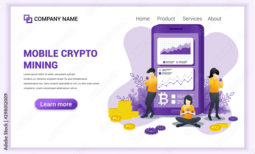 Poster cryptocurrency mining concept with people working mining bitcoins on mobile phone. can used for web 